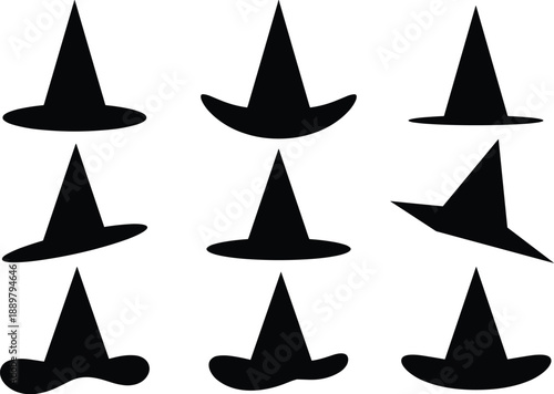 PrintWitch hat silhouettes, halloween hats, magic costume headwear, black vector icons, isolated, spooky, fantasy, collection, set, illustration, graphic, design, witchcraft, party