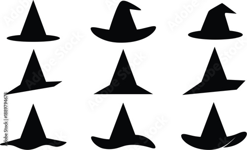 Witch hat silhouettes, halloween hats, magic headwear, black vector icons, isolated, spooky, fantasy, costume, collection, set, illustration, graphic, design, witchcraft