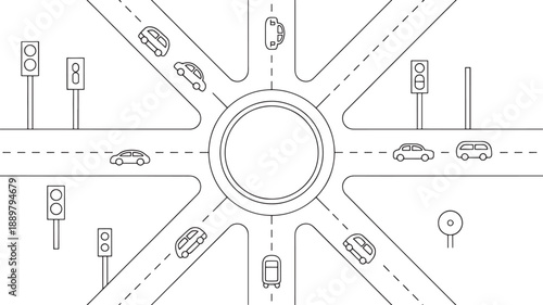 Outline drawing displays a complex traffic roundabout intersection with multiple entry points, surrounding traffic signals, and circulating automobiles.