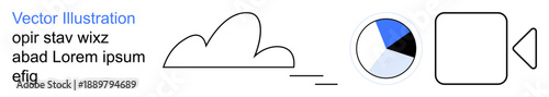 Cloud computing, data storage, video production, analytics, technology, multimedia. Cloud, pie chart video camera icon with clean lines. Cloud computing and data storage concept