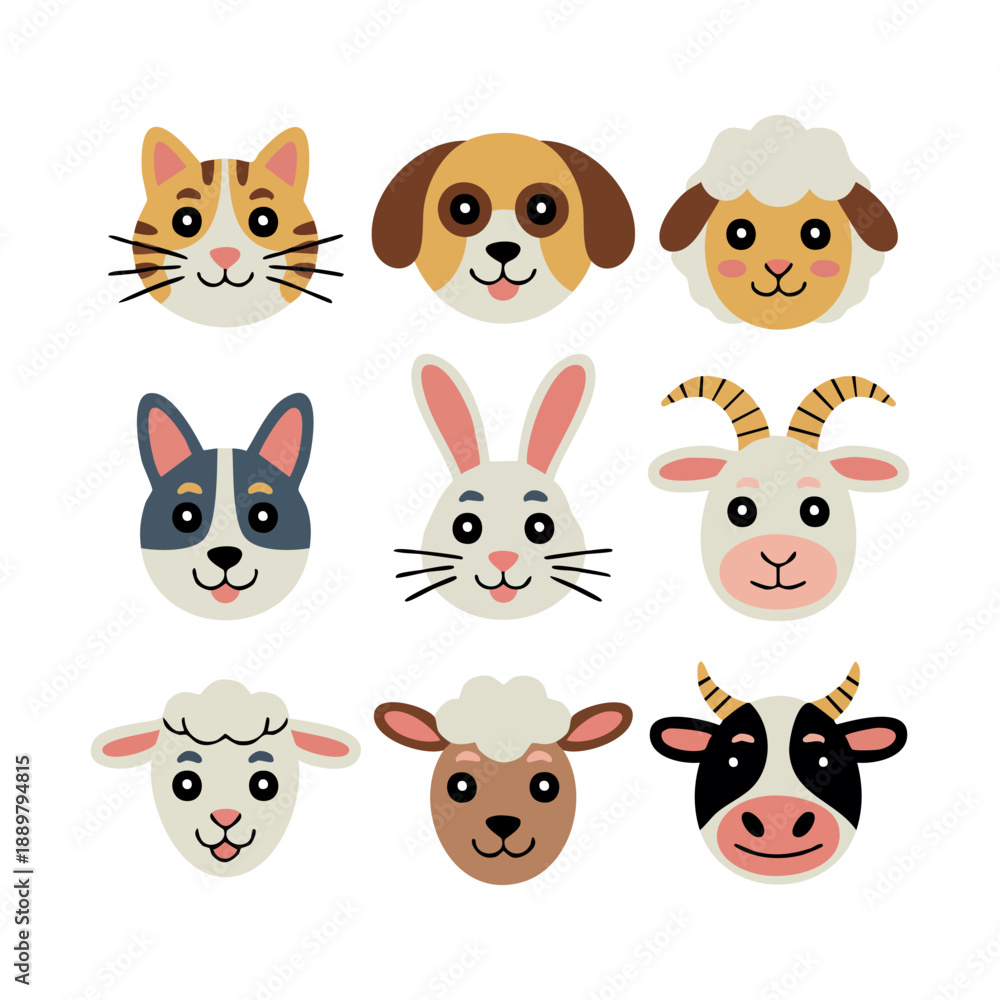Fototapeta premium Animal Character Set Flat Vector Illustration