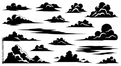 A collection of stylized clouds in black silhouettes against a white backdrop artistic rendering