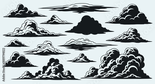 Diverse cloudscape collection showcasing varied shapes and styles ideal for graphical embellishments