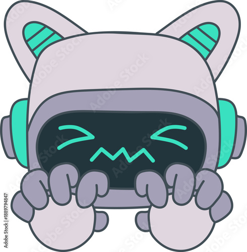 Sticker outline emoji chat-bot style face. Confused emotion. Ai cat robotic avatar illustration