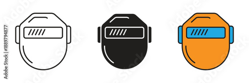 Welding mask icons for industrial safety and eye protection, available in three versatile styles for metalwork, engineering, and manufacturing concepts.