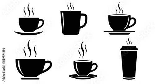 Monochrome Compilation of Steaming Beverage Containers: Coffee Cup Icons Assortment