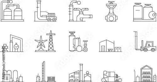 A collection of detailed outline icons represents various essential elements of industrial processing, machinery, and factory infrastructure.