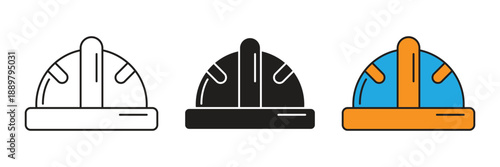 Construction hard hat icons representing site safety and industrial protection in outline, silhouette, and colorful flat design vector formats.