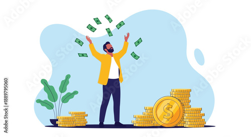 A person joyfully throws money into the air, surrounded by stacks of coins. There's a potted plant nearby. The scene conveys wealth and happiness.