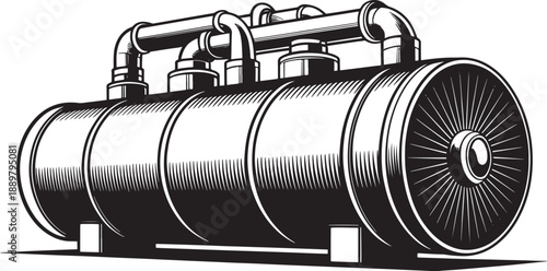 Industrial pressure vessel with pipes and valves, depicted in a detailed monochrome illustration style.