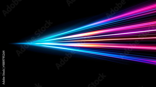 Vibrant light beams in various colors create dynamic visual effect against black background
