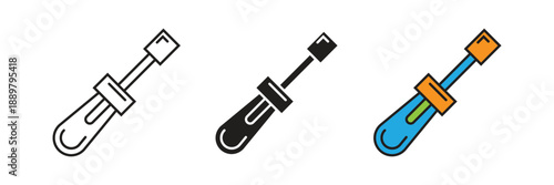 Professional screwdriver icons set designed for repair services, carpentry, and home improvement illustrations, featuring outline and colored vector versions.