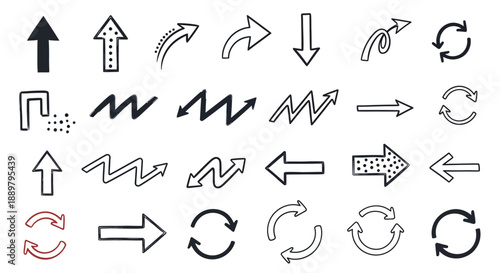 Assorted hand drawn vector arrows and directional symbols on white background featuring unique