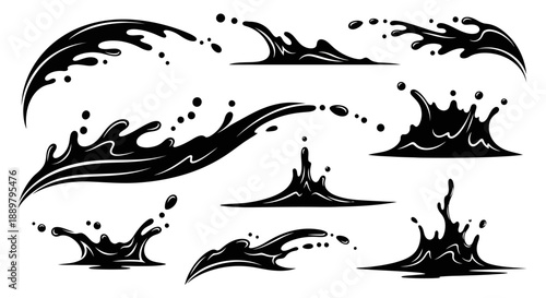 Graphic black abstract liquid flow collection with water splashes and drops on white