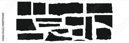 A minimalist, high-contrast image features numerous black shapes with rough, jagged edges. Resembling torn strips of paper or tape, the pieces vary in size and orientation. They are arranged across 