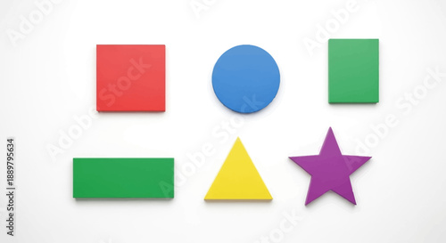 Vibrant assortment of geometric shapes in primary colors against a clean white backdrop