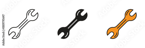 Industrial wrench and spanner tool icons set for mechanical repair, plumbing, and construction themes, available in three versatile graphic styles.