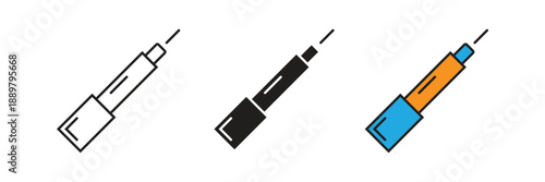 Precision tool icons featuring a syringe or technical cutter design in multiple styles for medical, laboratory, or crafting professional applications.