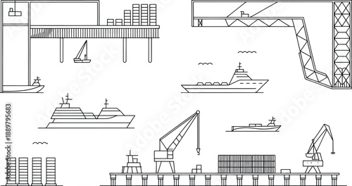 Black and white line art depicts various maritime vessels and port infrastructure including cargo ships, cranes, and loading docks in a detailed schematic.