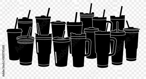 Silhouette collection of various reusable coffee cups with straws against a transparent background
