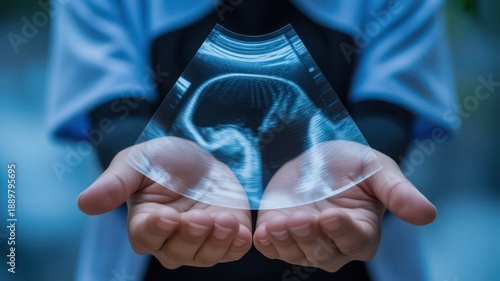 Medical professional's hands present a glowing blue holographic fetus ultrasound scan symbolizing future healthcare technology and prenatal care.