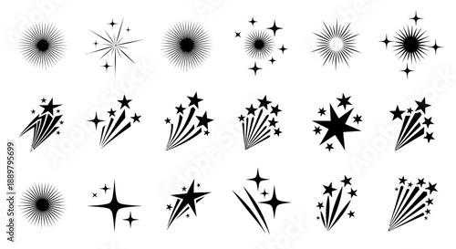 Black and white star burst collection sparkles set glittering light effects isolated illustration