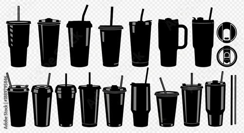 Diverse collection of cup and lid silhouettes highlighting drink containers for various beverages