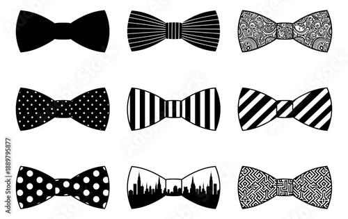 Graphic bow tie set featuring stripes, polka dots, and cityscape patterns for fashion and formal events