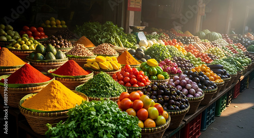 Asian traditional market with many spices, vegetables, and fruit
