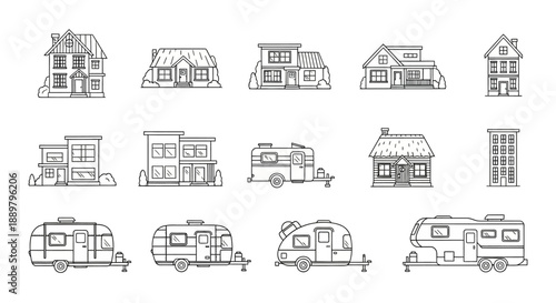 Outlined architectural icons showcasing varied residential structures and mobile homes for