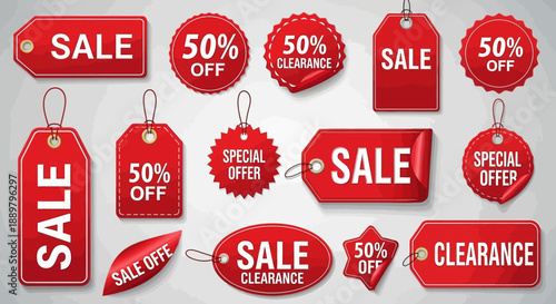Vibrant red sale tags and clearance badges offering discounts and special offers promotions