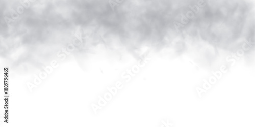 Gray smoke drifts between white clouds with swirl, haze patterns on white background. Mist, steam highlight atmospheric phenomena, creating realistic thunder, storm, vapor, fog textures. PNG vector.