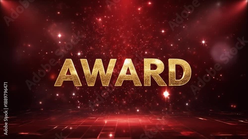 Gold and red award text animation on a cinematic stage with particles. Prestigious achievement, winner celebration, and excellence ceremony for luxury branding.