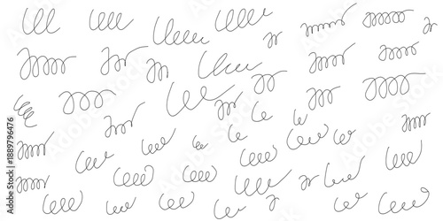 Black lines of spirals, springs, icons geometrically looped, shapes coiled, squiggles in graphics, zigzagging wires, oval thin designs, circle doodles. Flat vector illustrations isolated on white back