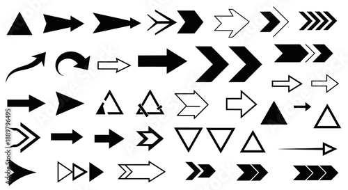 Collection of black and white arrows and triangles symbols offering diverse directional and