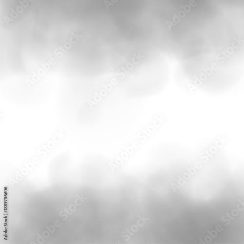 Gray smoke drifts between white clouds with swirl, haze patterns on white background. Mist, steam highlight atmospheric phenomena, creating realistic thunder, storm, vapor, fog textures. PNG vector.