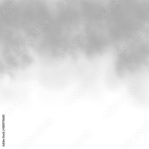 Gray smoke plumes drift over white clouds with puff, turbulence on white background. Mist, steam create realistic storm, thunder, fog, vapor textures while atmospheric phenomena add depth. PNG vector.