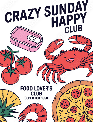Colorful food and seafood with club text crab shrimp