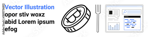 Cryptocurrency, blockchain technology, financial analysis, investment strategies, fintech tools, market trends. Bitcoin coin, data chart and a fork icon. Cryptocurrency and blockchain technology