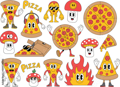 Colorful cartoon pizza slices and mushrooms with faces 1