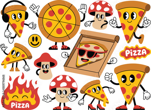 Animated pizza slices and mushrooms in various poses