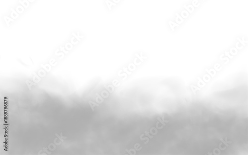 Gray smoke plumes drift over white clouds with puff, turbulence on white background. Mist, steam create realistic storm, thunder, fog, vapor textures while atmospheric phenomena add depth. PNG vector.