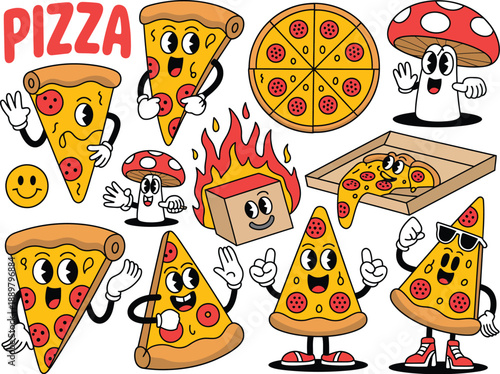 Colorful cartoon pizza slices and mushrooms with happy faces