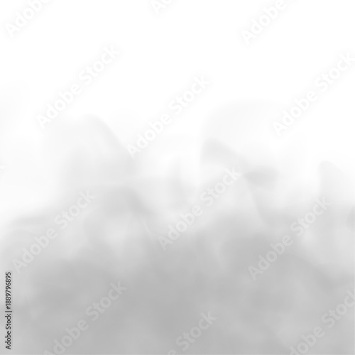 Gray smoke plumes drift over soft clouds with swirl, haze effects on white background. Mist, steam, atmospheric phenomena enhance realistic vapor, fog, thunder, storm patterns. Cutout PNG vector.
