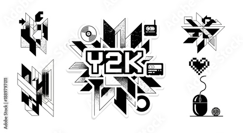 Y2K Era Geometric Graphics Collection Black and White Abstract Digital Artworks Set Design Elements