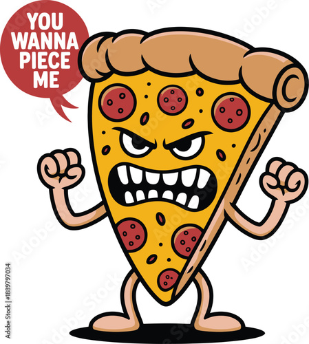 Angry pepperoni pizza slice character with speech bubble