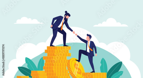 Illustration of two businesspeople in suits on stacks of gold coins; one helps the other climb up. The scene conveys teamwork and financial success.