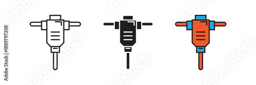 Heavy-duty pneumatic jackhammer icons for demolition, road construction, and industrial drilling concepts, designed in clean vector line and flat styles.