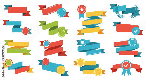 Vivid vector ribbons and badges in flat design style offering versatile design elements