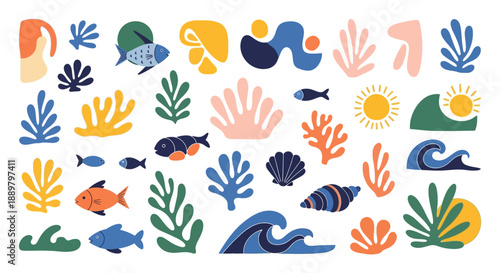 Artistic ocean life illustration featuring stylized marine elements and modern abstract forms